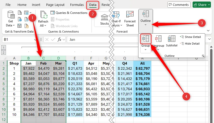 Các cột B đến D trong Excel được chọn và nút Group trong tab Data trên ribbon được làm nổi bật để tạo nhóm con.