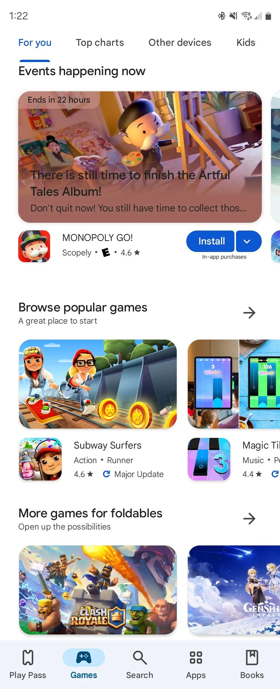 Các danh mục game được tuyển chọn trên Google Play Store, hiển thị nhiều thể loại khác nhau.