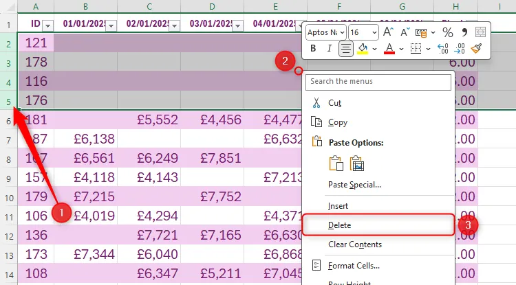Các hàng trống hoàn toàn trong bảng Excel đã được chọn, với tùy chọn &quot;Delete&quot; (Xóa) được làm nổi bật trong menu chuột phải.