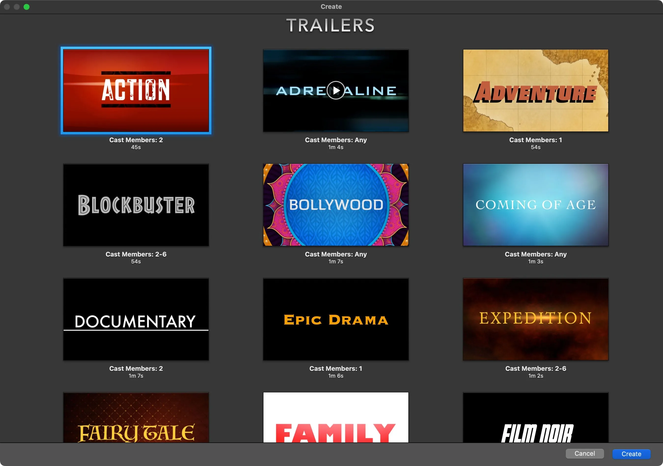 Các mẫu trailer đa dạng trong iMovie trên Mac, cho phép bạn lựa chọn phong cách phù hợp nhất với nội dung video của mình.