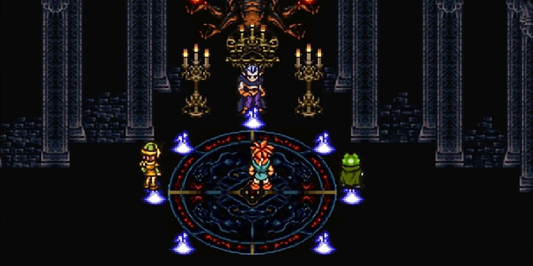 Các nhân vật Crono, Frog, và Lucca đối mặt với Magus trong lâu đài của hắn trong game JRPG kinh điển Chrono Trigger, nổi bật với đồ họa pixel art.