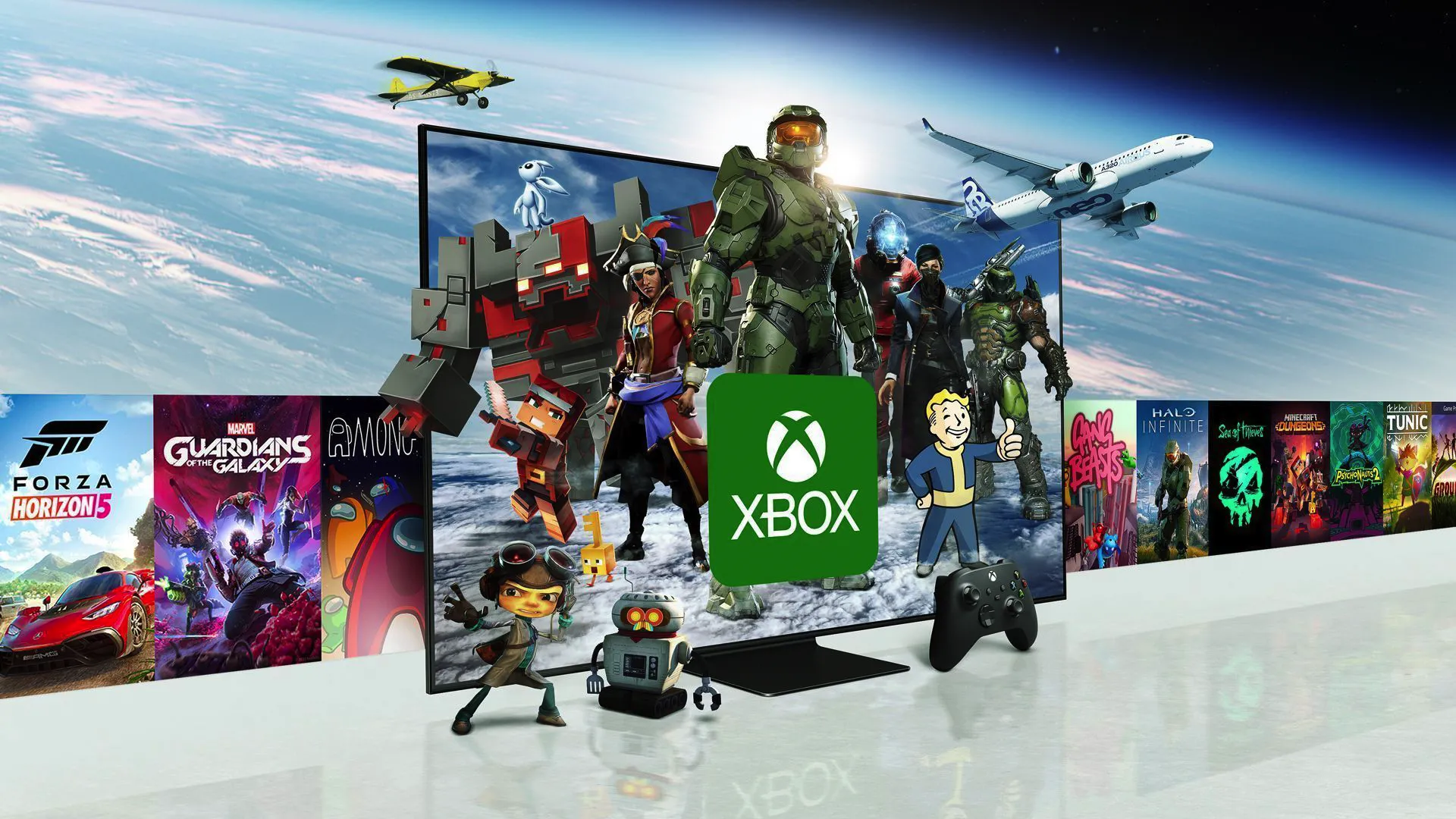 Các nhân vật game Xbox như Master Chief trên TV Samsung, tượng trưng cho dịch vụ chơi game đám mây Xbox Cloud Gaming cần tích hợp trên Steam Deck 2