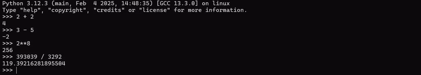 Các phép tính toán học cơ bản được thực hiện trong môi trường Python tương tác trên terminal