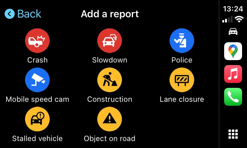 Các tùy chọn báo cáo sự cố giao thông trên Google Maps qua Apple CarPlay, cho phép người dùng thông báo về tai nạn, cảnh sát, camera tốc độ hoặc vật cản trên đường.