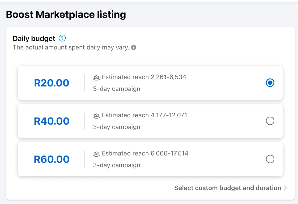 Các tùy chọn chi phí và thời gian cho chiến dịch quảng bá bài viết trên Facebook Marketplace.