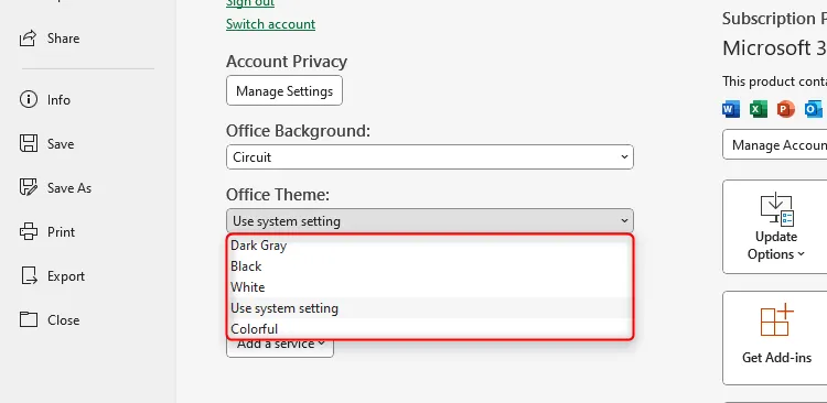 Các tùy chọn chủ đề Office khác nhau trong cài đặt tài khoản Excel, bao gồm &quot;Dark Gray&quot;, &quot;White&quot;, &quot;Colorful&quot; và &quot;Use System Setting&quot;.