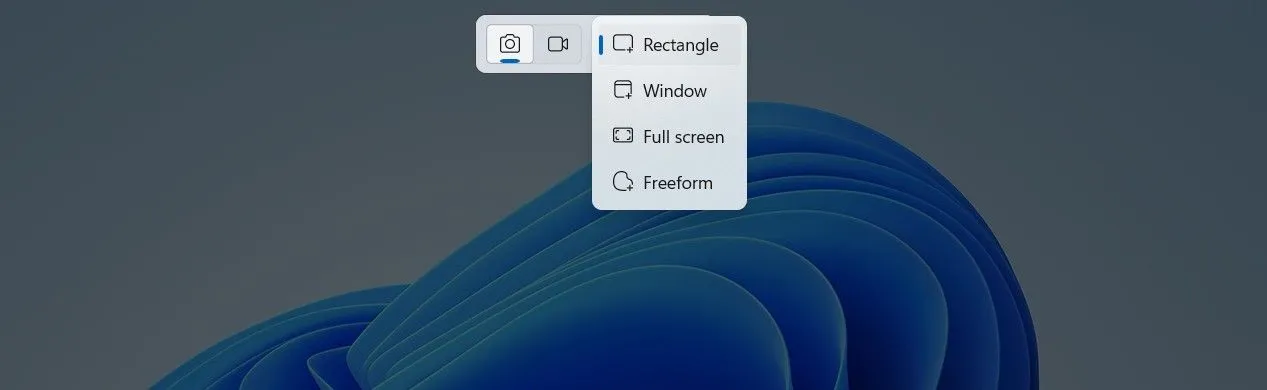Các tùy chọn hình dạng khác nhau trong Snipping Tool.