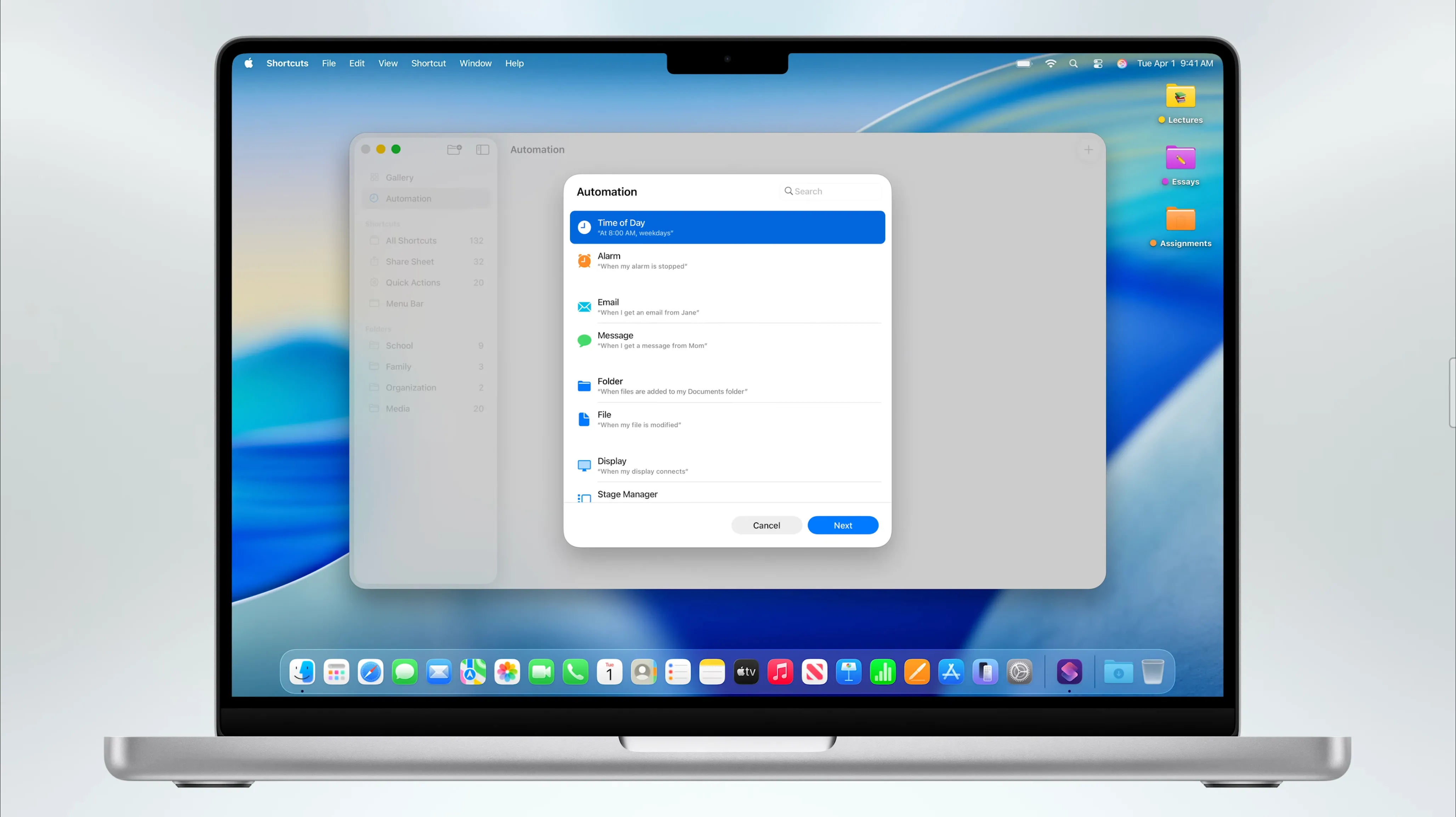 Các tùy chọn kích hoạt tự động hóa (automation triggers) mới trong ứng dụng Phím tắt (Shortcuts) của macOS 26 Tahoe, mở rộng khả năng tạo quy trình làm việc thông minh.