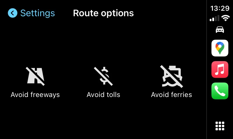 Các tùy chọn lộ trình ưu tiên trong cài đặt Google Maps trên Apple CarPlay, cho phép người dùng chọn tránh đường cao tốc, đường thu phí hoặc phà.