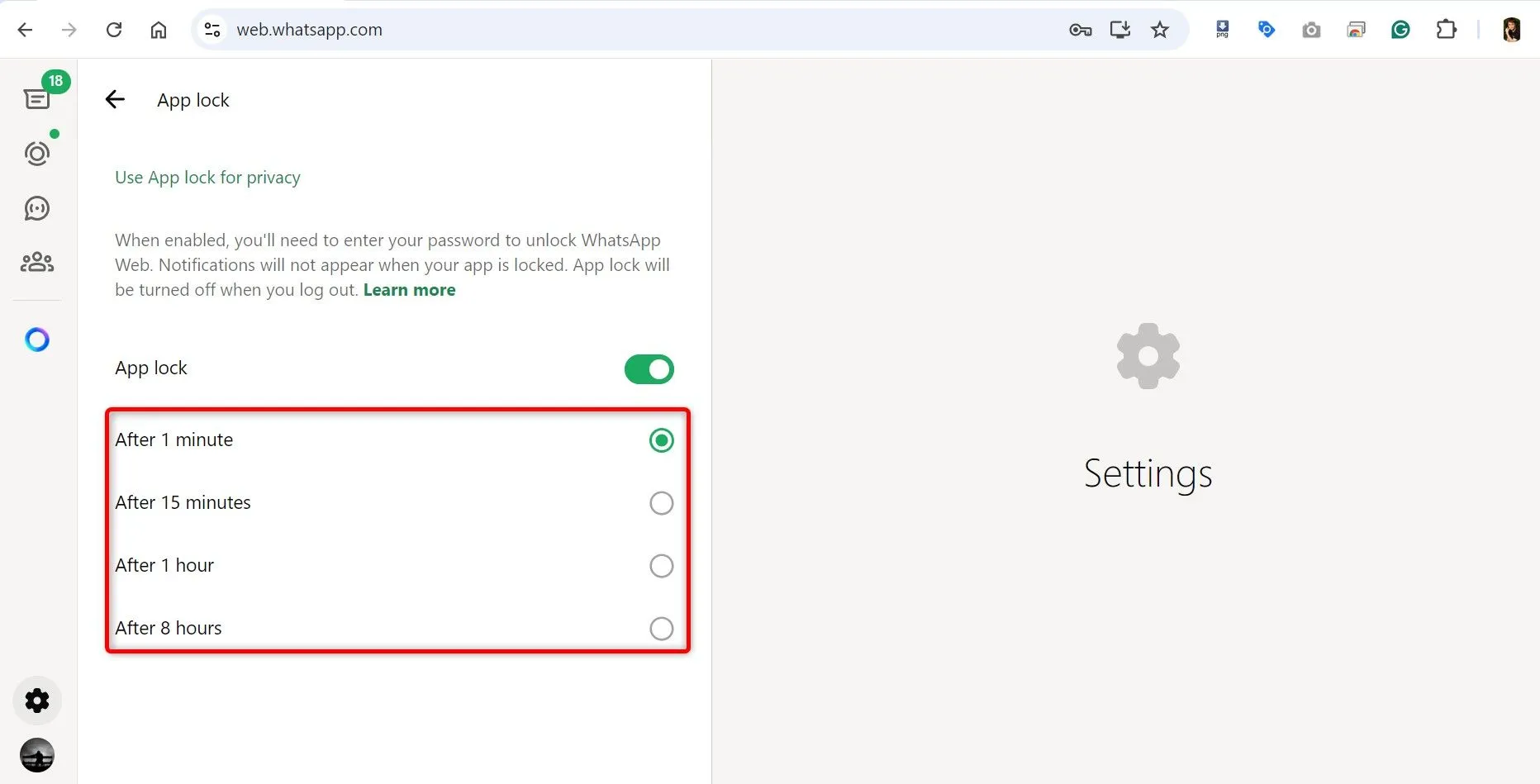 Các tùy chọn thời gian tự động khóa cho WhatsApp Web sau khi kích hoạt