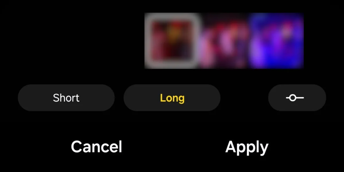 Các tùy chọn thời lượng video (Ngắn, Dài, Tùy chỉnh) khi sử dụng Auto Trim trong Studio Galaxy S25.