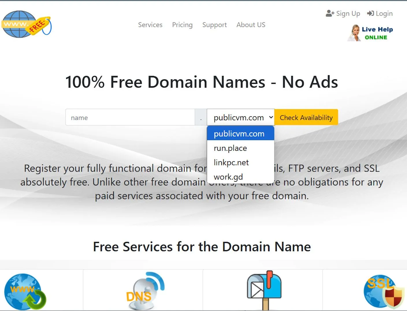 Các tùy chọn TLD (phần mở rộng tên miền) miễn phí có sẵn trên Free Domain, bao gồm .work.gd, .publicvm.com.