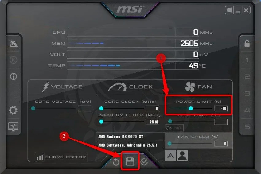 Cách giới hạn công suất GPU trong MSI Afterburner