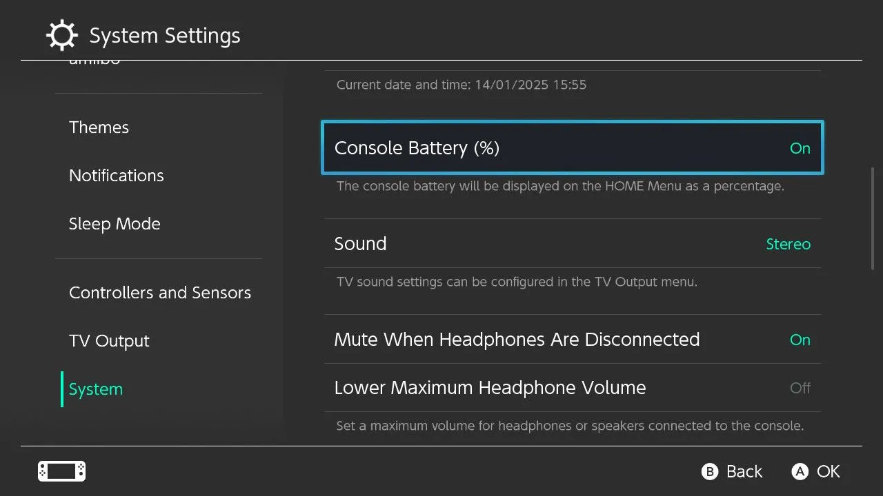 Cài đặt bật hiển thị phần trăm pin (%) của máy Nintendo Switch.