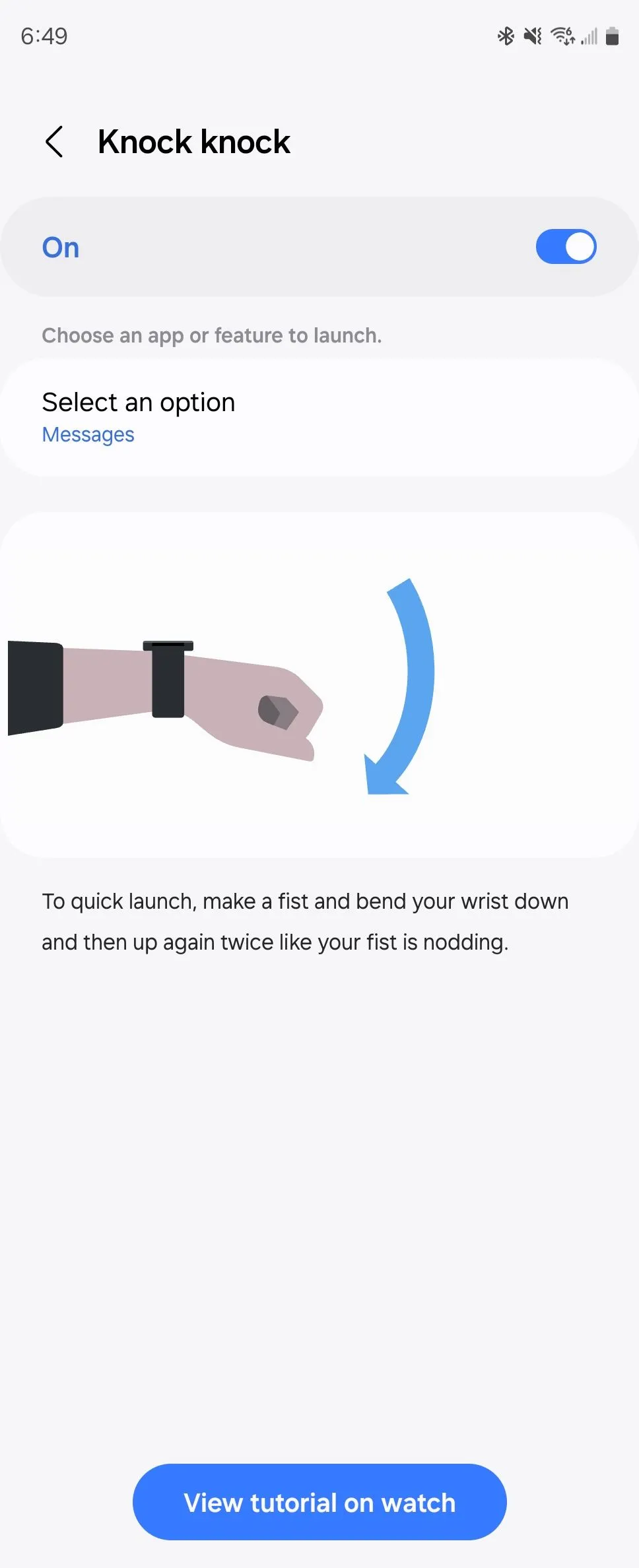 Cài đặt cử chỉ Knock-Knock trên ứng dụng Samsung Wearable cho Galaxy Watch.