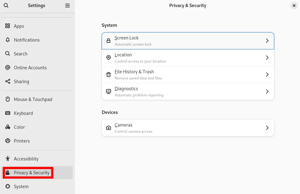 Cài đặt GNOME hiển thị các tùy chọn quyền riêng tư và bảo mật trên hệ điều hành Fedora
