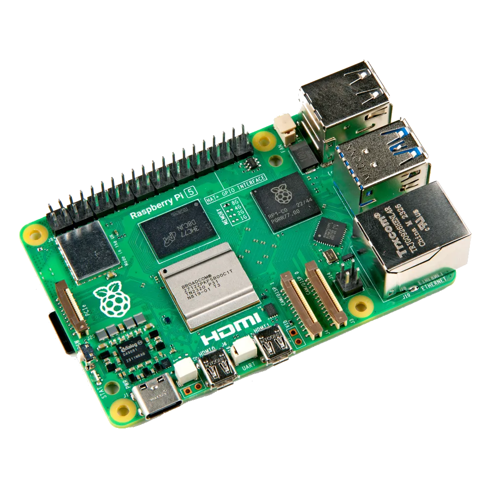 Cận cảnh bo mạch Raspberry Pi 5, hiển thị các cổng kết nối USB 3.0 và GPIO.