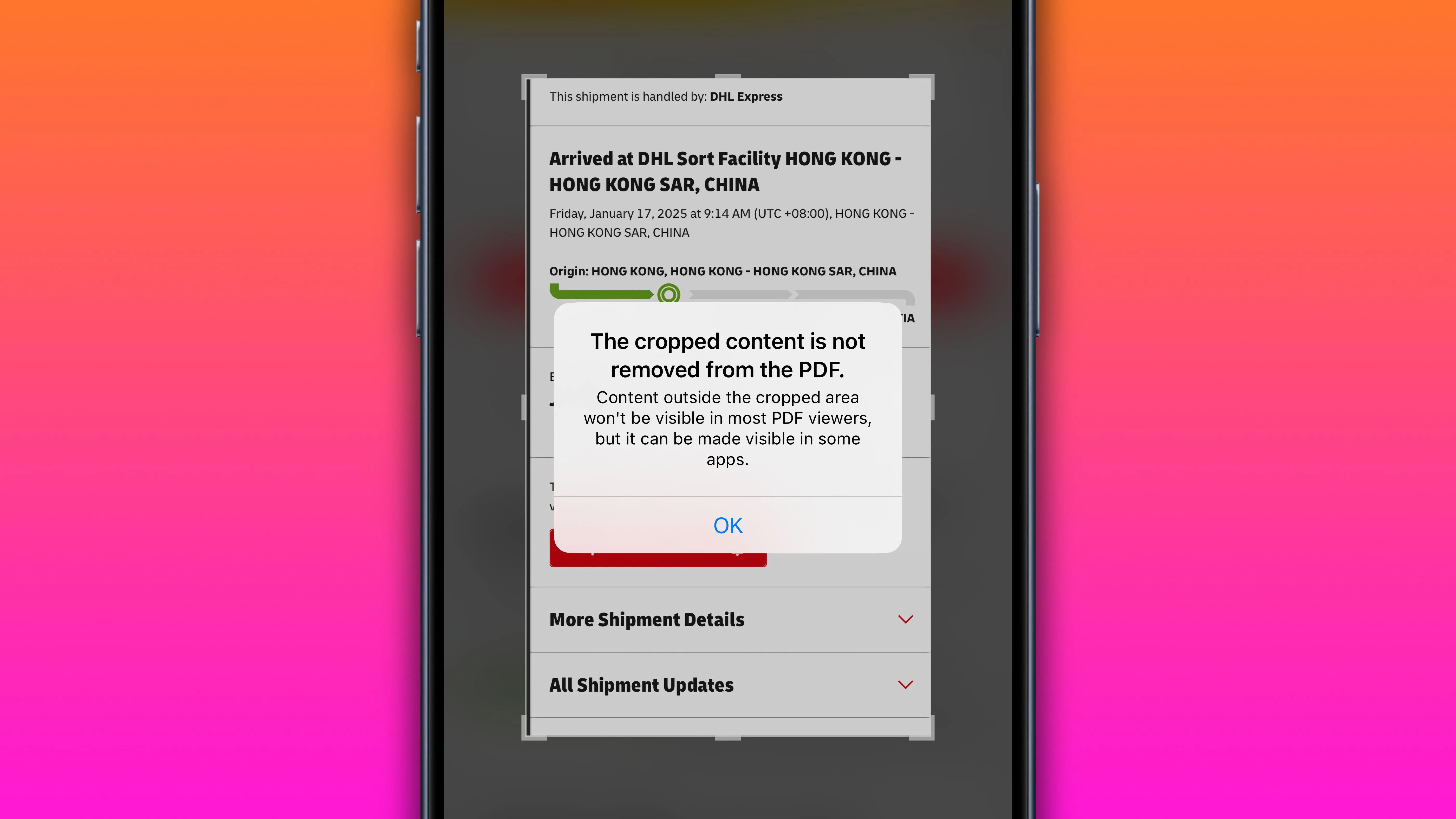 Cảnh báo về việc cắt PDF trong công cụ Ảnh chụp màn hình trên iPhone.