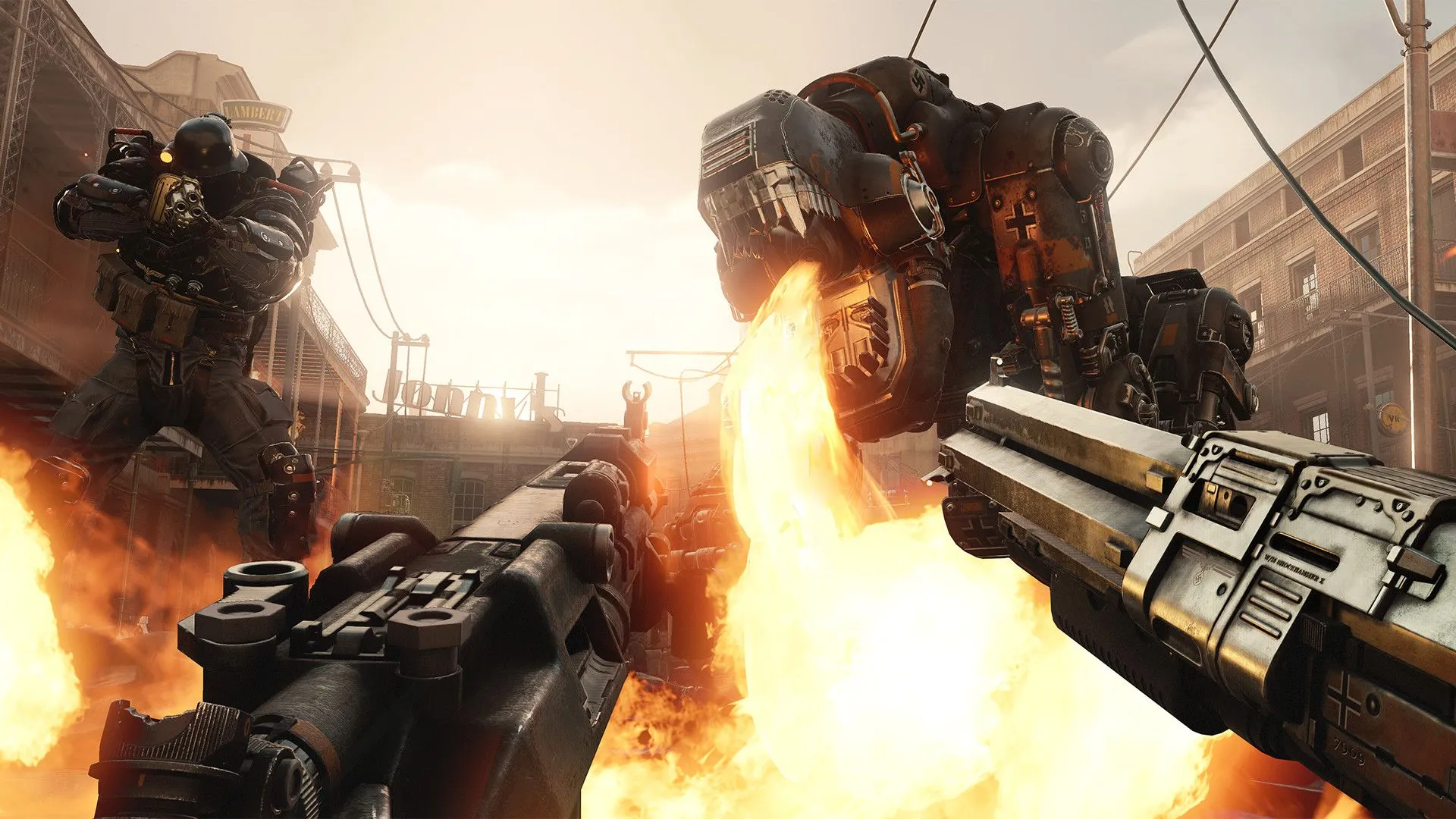 Cảnh chiến đấu căng thẳng trong Wolfenstein II: The New Colossus ở độ khó Mein Leben.