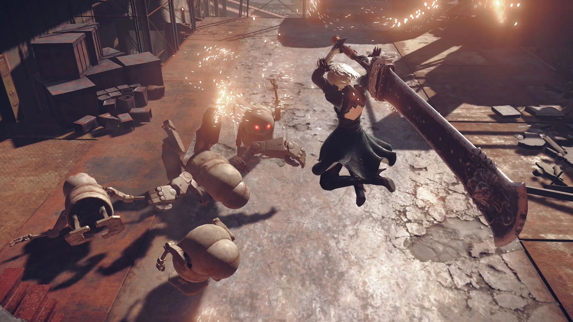 Cảnh chiến đấu mãn nhãn trong NieR: Automata, với thử thách khó khăn ở độ khó Very Hard.
