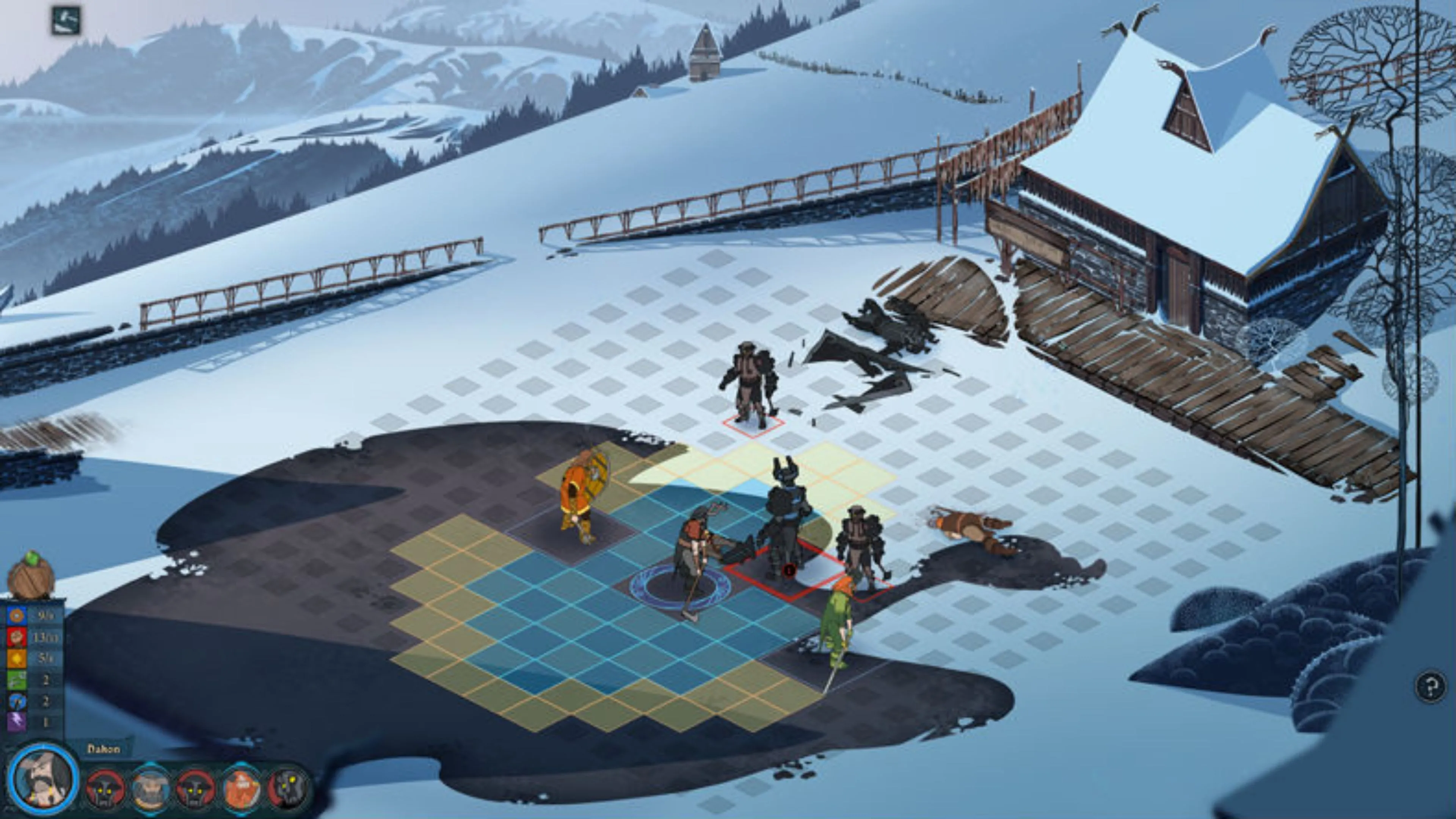 Cảnh chiến trường của The Banner Saga với hiệu ứng tấn công và các nhân vật