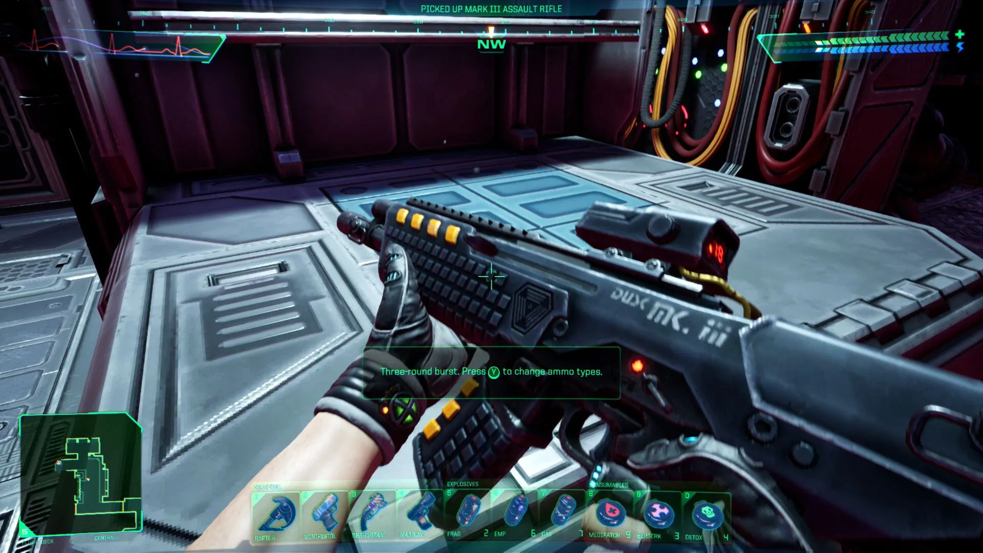 Cảnh chơi từ bản làm lại System Shock 2023, một đại diện tiêu biểu của Immersive Sim