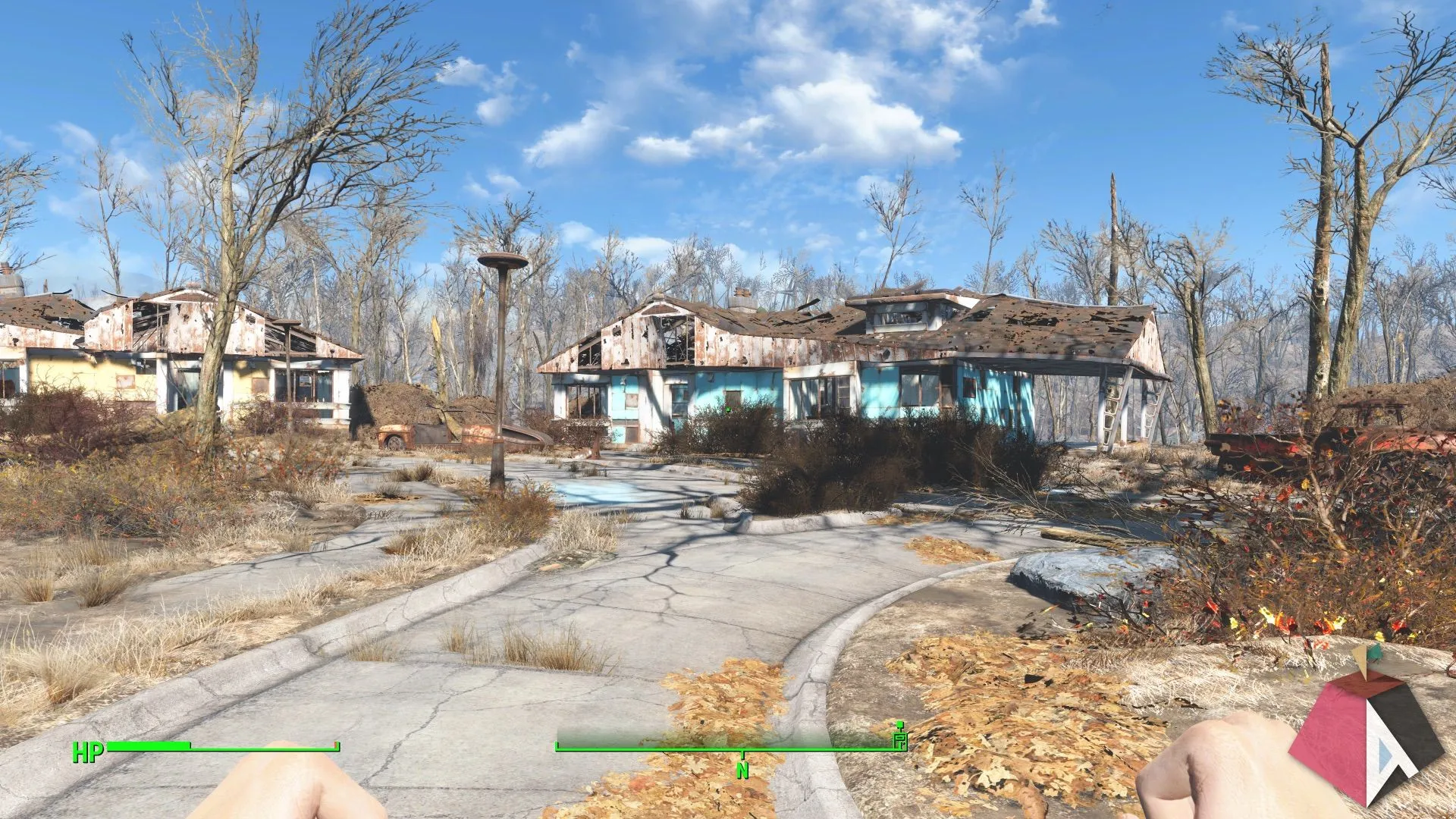 Cảnh đổ nát hoang tàn và hậu quả của chiến tranh hạt nhân trong tựa game Fallout 4.