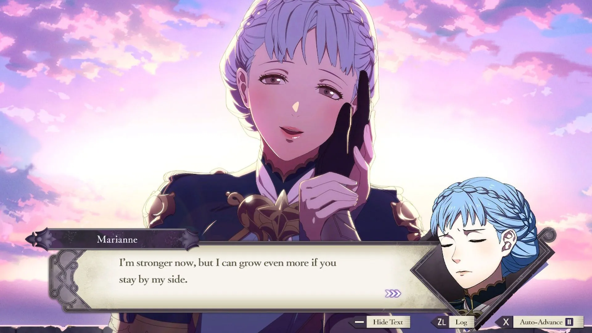 Cảnh lãng mạn giữa Byleth và Marianne trong Fire Emblem: Three Houses, minh chứng cho niềm vui khi thấy nhân vật đạt được hạnh phúc và sự trưởng thành nhờ mối quan hệ tình cảm.