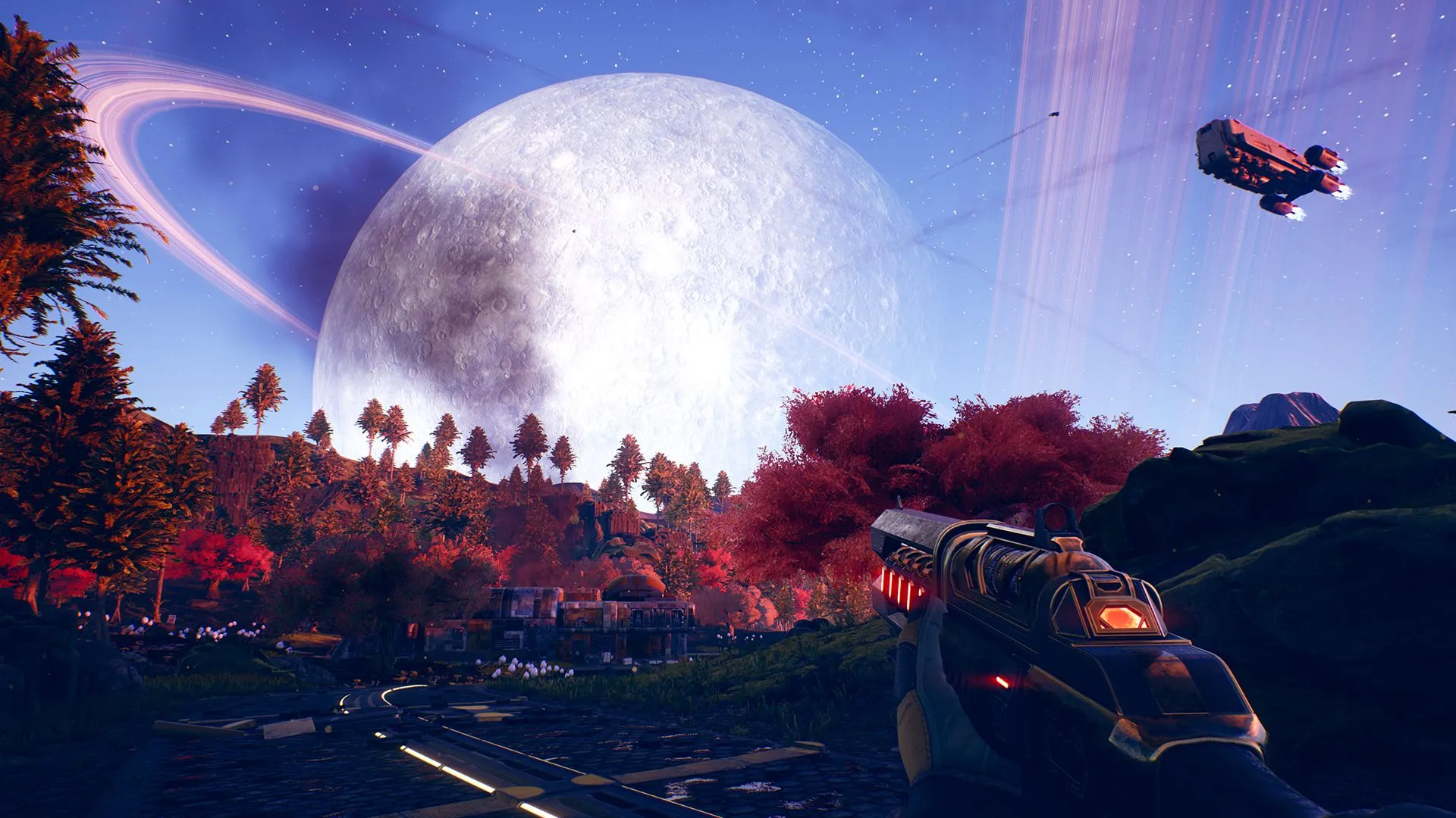 Cảnh người chơi khám phá hành tinh trong The Outer Worlds, cho thấy đồ họa chi tiết và thiết kế thế giới mở rộng lớn.
