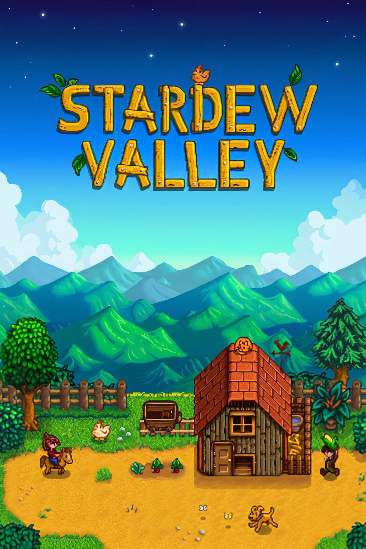 Cảnh nông trại yên bình trong Stardew Valley với cây trồng, vật nuôi và người chơi đang tưới cây, thể hiện lối chơi mô phỏng nông trại và RPG nhẹ nhàng.