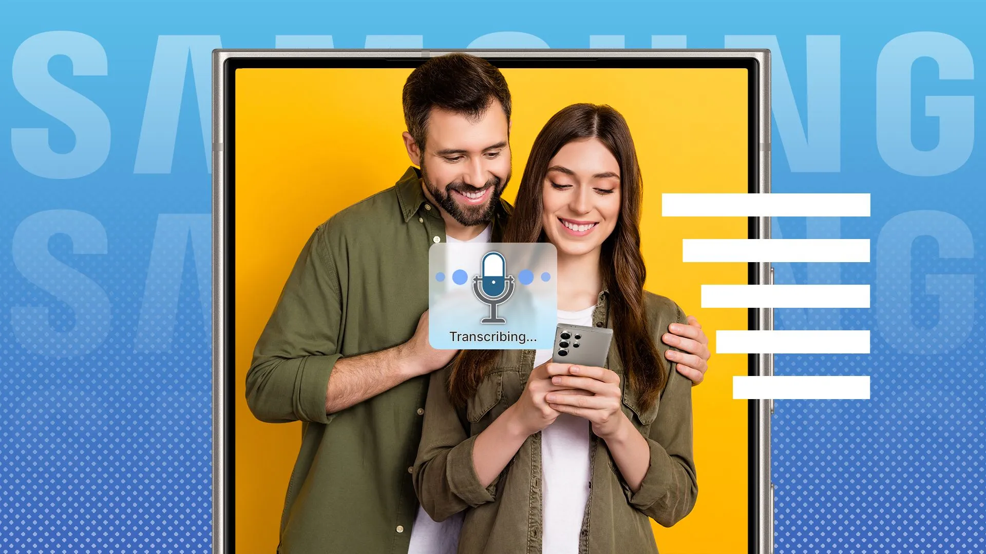Cặp đôi đang sử dụng điện thoại Samsung S24 Ultra với tính năng Phiên âm trực tiếp (Live Transcribe) để hỗ trợ giao tiếp và ghi chú.