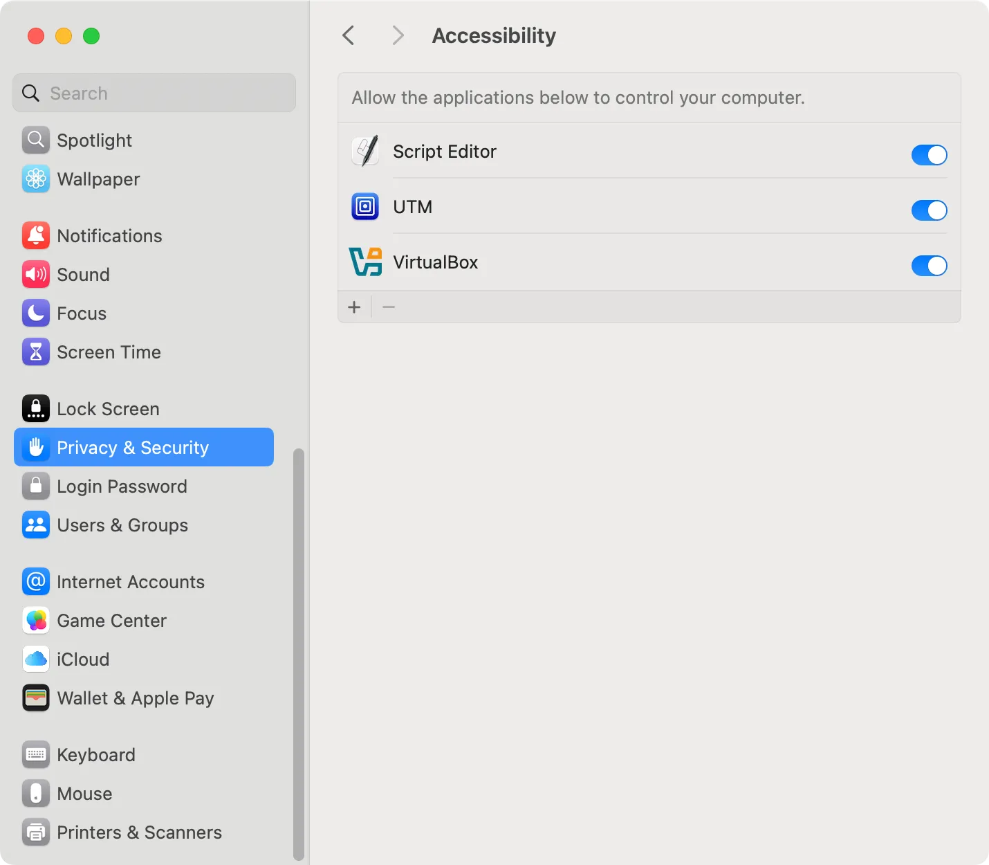 Cấp quyền truy cập cho ứng dụng VirtualBox trong cài đặt Quyền riêng tư &amp; Bảo mật của macOS để hoạt động ổn định.