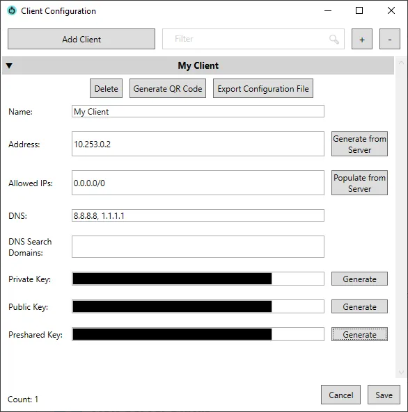 Cấu hình cài đặt client Wireguard trong Wg Server for Windows, bao gồm tên client, địa chỉ và khóa