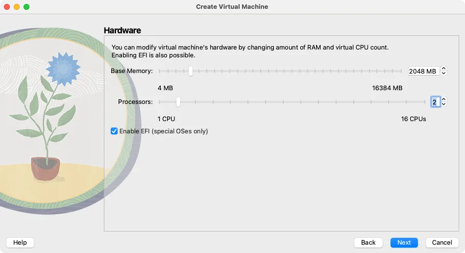 Cấu hình RAM và CPU ảo cho Home Assistant trong VirtualBox, với 2048MB RAM và 2 lõi CPU, cùng tùy chọn bật EFI.