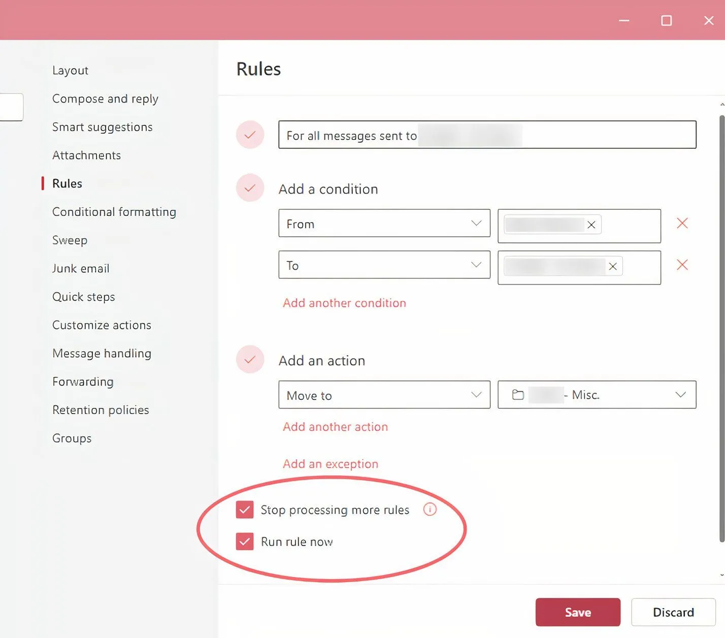 Cấu hình Rule hoàn chỉnh trong Outlook, với tùy chọn &quot;Stop processing more rules&quot; để kiểm soát dòng chảy email.