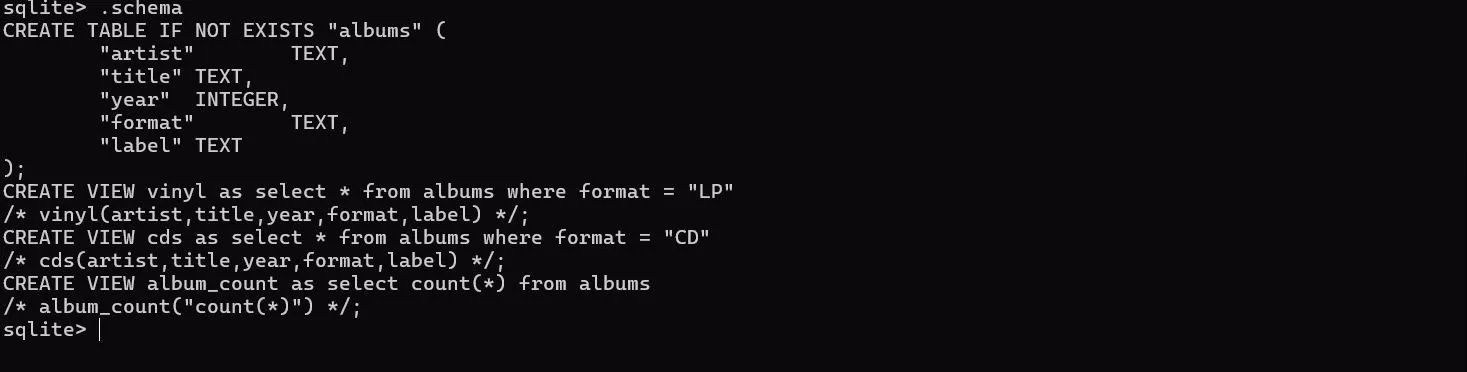 Cấu trúc schema của cơ sở dữ liệu bộ sưu tập nhạc trong SQLite, hiển thị các trường và kiểu dữ liệu của bảng 'albums'.