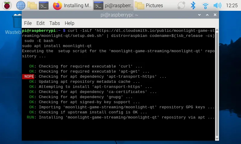 Chạy script cài đặt Moonlight trên hệ điều hành Raspberry Pi OS.