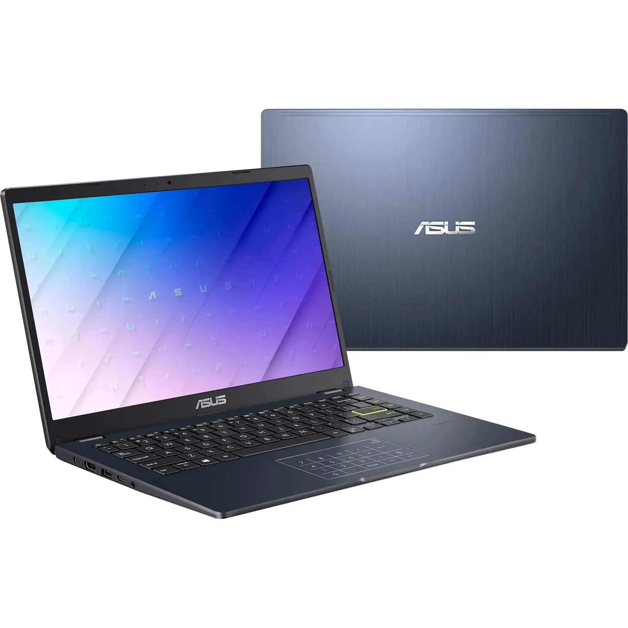 Chiếc laptop ASUS E410KA-PM464 màu đen với logo ASUS quen thuộc, thể hiện thiết kế đơn giản và gọn gàng.