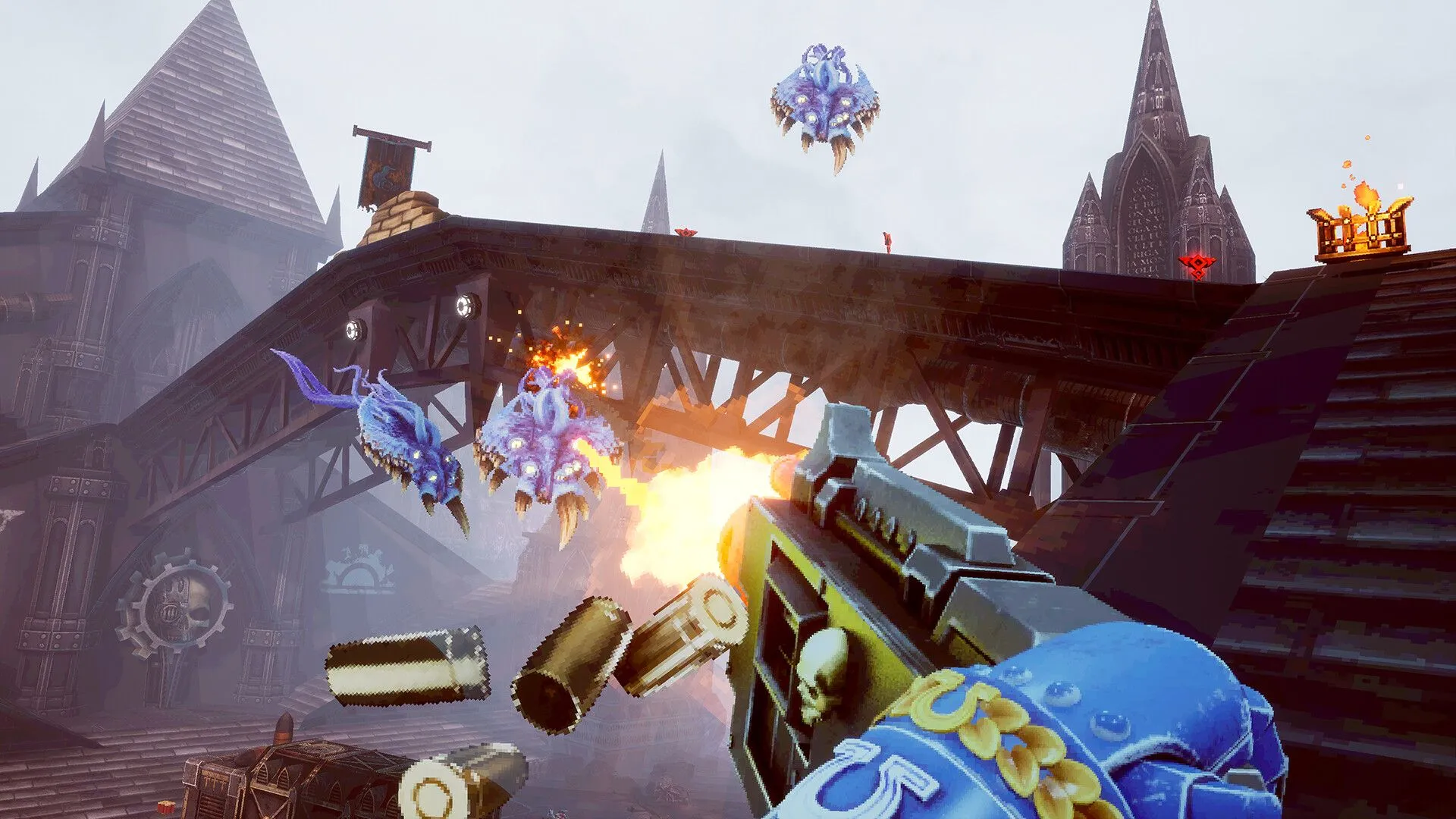 Chiến binh Space Marine chiến đấu với quân đoàn Chaos trong Warhammer 40K: Boltgun, thể hiện đồ họa retro.