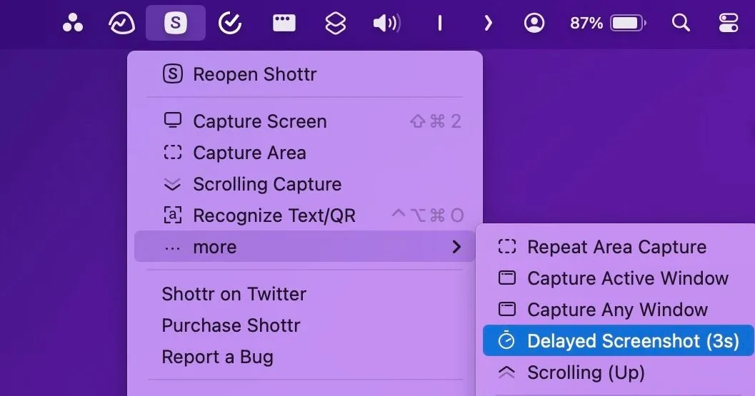Chọn chế độ Chụp ảnh trì hoãn (Delayed Screenshot) trong menu Shottr trên Mac
