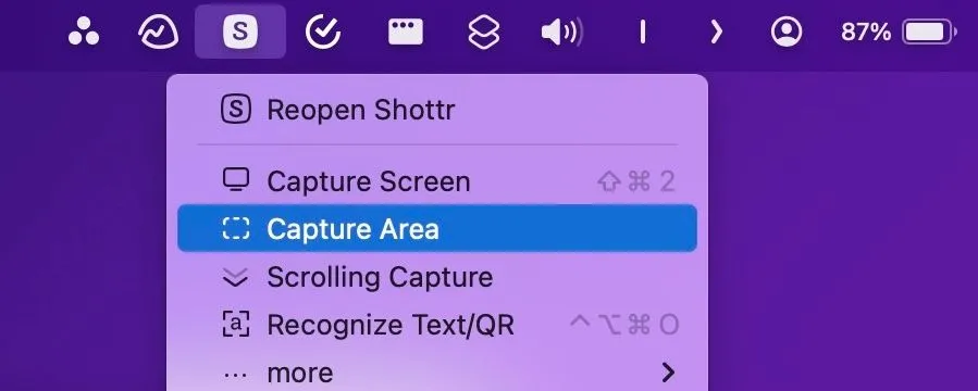 Chọn chế độ Chụp vùng (Capture Area) từ menu Shottr