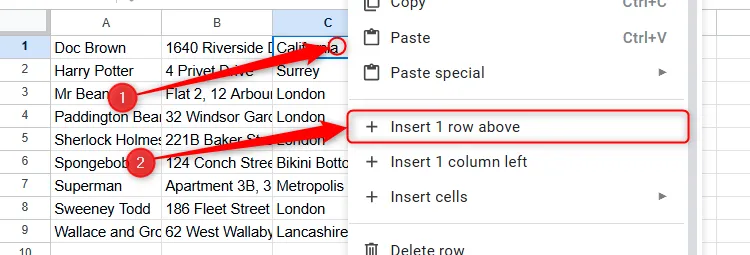 Chọn &quot;Chèn 1 hàng bên trên&quot; (Insert 1 Row Above) từ menu chuột phải trên một ô trong Google Trang tính để thêm hàng tiêu đề