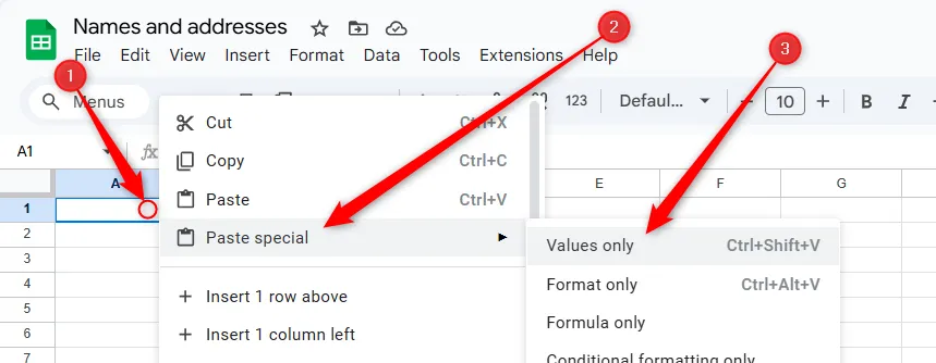 Chọn &quot;Chỉ giá trị&quot; từ tùy chọn &quot;Dán đặc biệt&quot; trong menu chuột phải trên ô của Google Trang tính