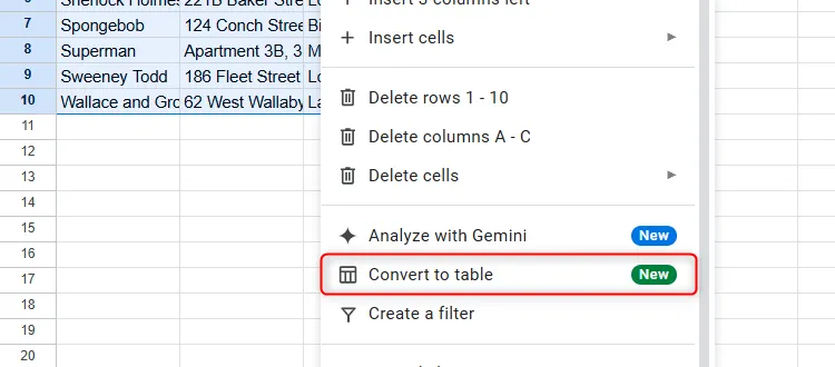 Chọn &quot;Chuyển đổi thành bảng&quot; (Convert To Table) trong Google Trang tính để định dạng dữ liệu thành bảng chuyên nghiệp