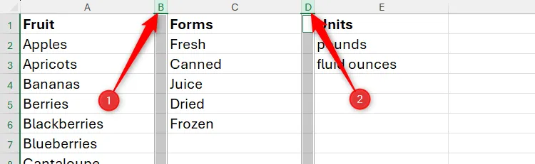 Chọn hai cột không liền kề trong Excel để thay đổi kích thước đồng thời
