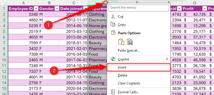 Chọn &quot;Insert&quot; từ menu chuột phải để chèn thêm một cột mới vào bảng Excel.