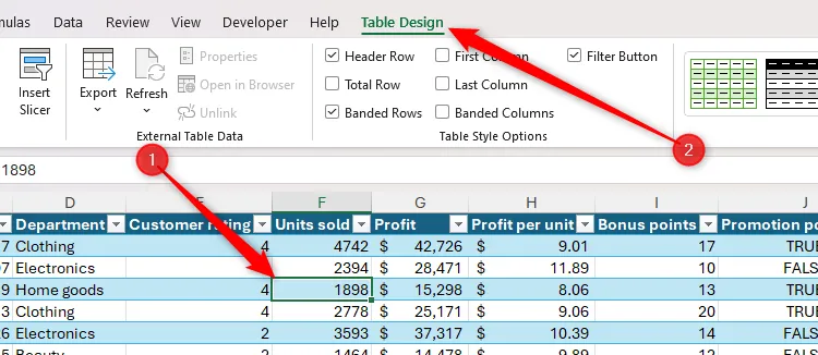 Chọn một ô trong bảng Excel để mở thẻ &quot;Table Design&quot; và tùy chỉnh thiết kế bảng.