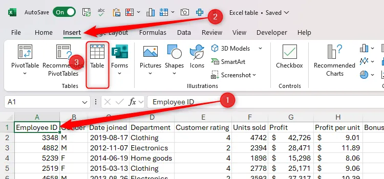 Chọn ô dữ liệu trong Excel và nhấn nút &quot;Table&quot; trên thẻ Insert để tạo bảng.