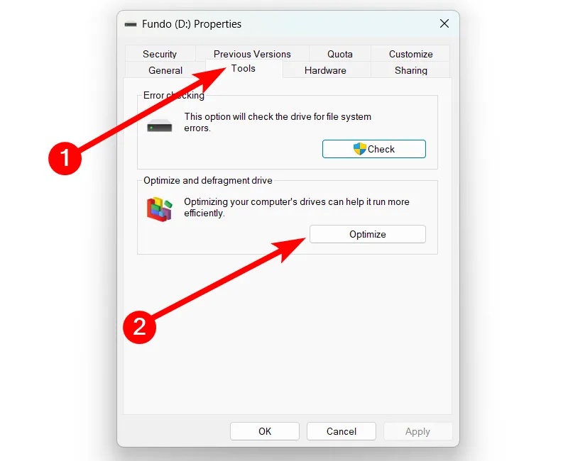Chọn 'Optimize' trong tab 'Tools' để bắt đầu quá trình tối ưu ổ HDD trên Windows 11.