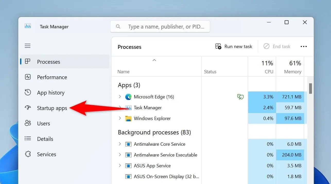 Chọn tab &quot;Ứng dụng khởi động&quot; trong Task Manager để xem các chương trình